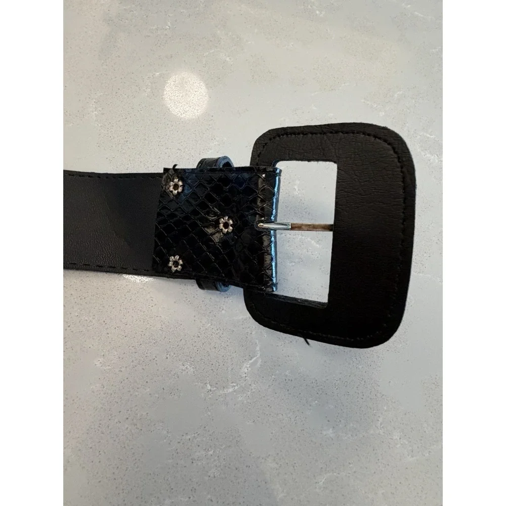 Vintage Black Faux Snakeskin Wide Waist Belt Square Buckle Women's 30